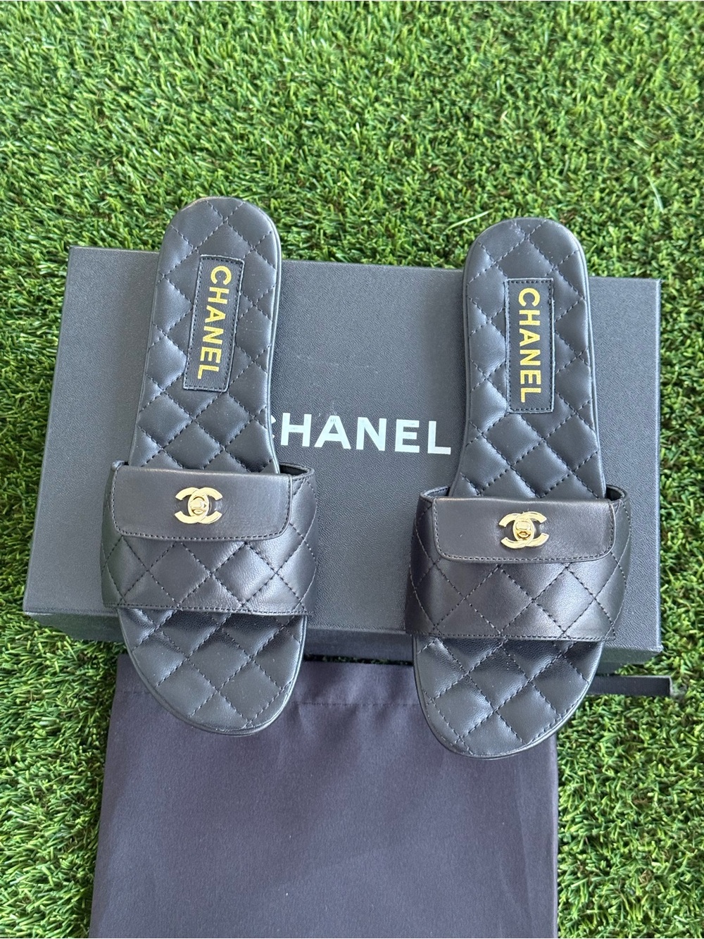 Chanel REV Black Mules with Turnlock Clasp Quilted Gold CC Logo Flat Sandal